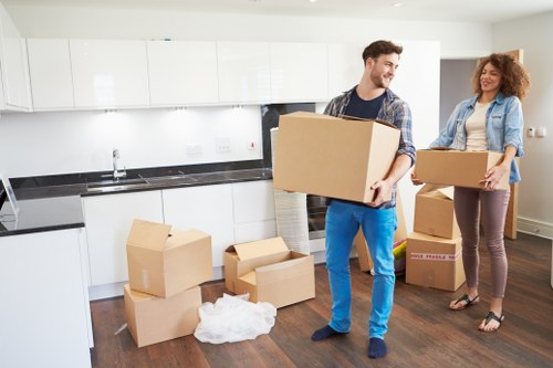 Organised workplace relocation process with desks and files